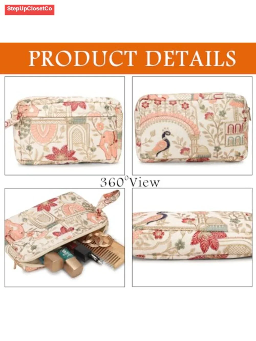 Floral Embroidered Cosmetic Pouch Makeup Organizer Wristlet Zip Pouch Women